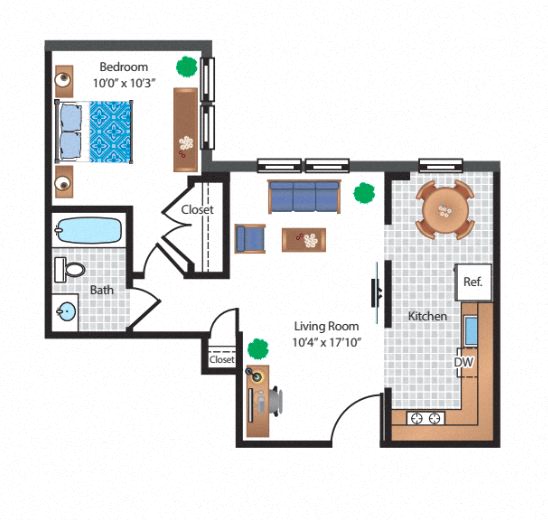 Floor plan for 1 bed, 1 bath, 586 sqft